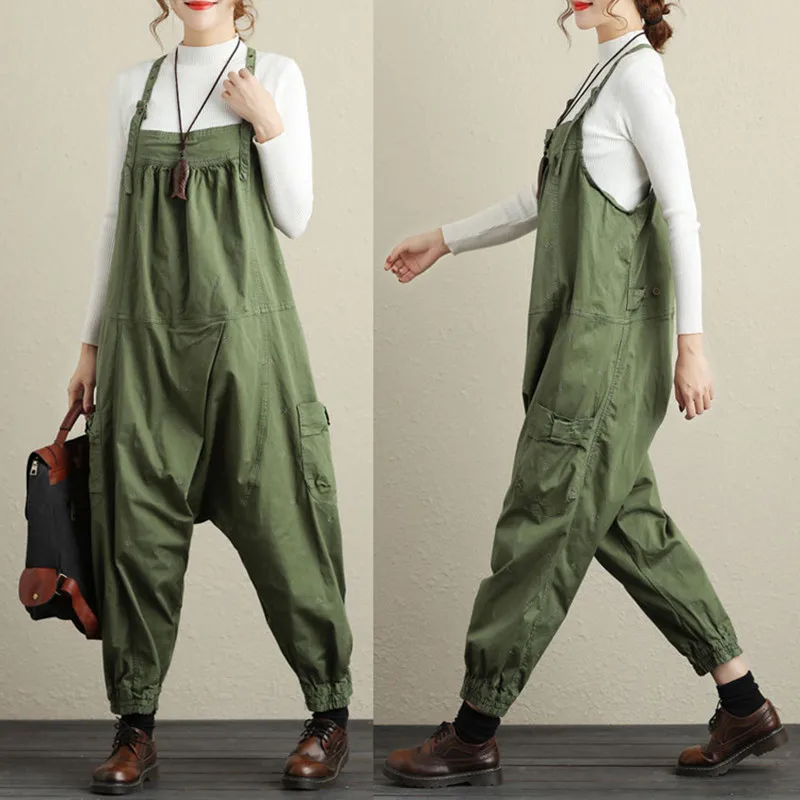 Free Shipping 2021 New Fashion Ladies Overalls Cotton Loose Jumpsuits And Rompers Embroidery Flower Plus Size Ankle Length Pants