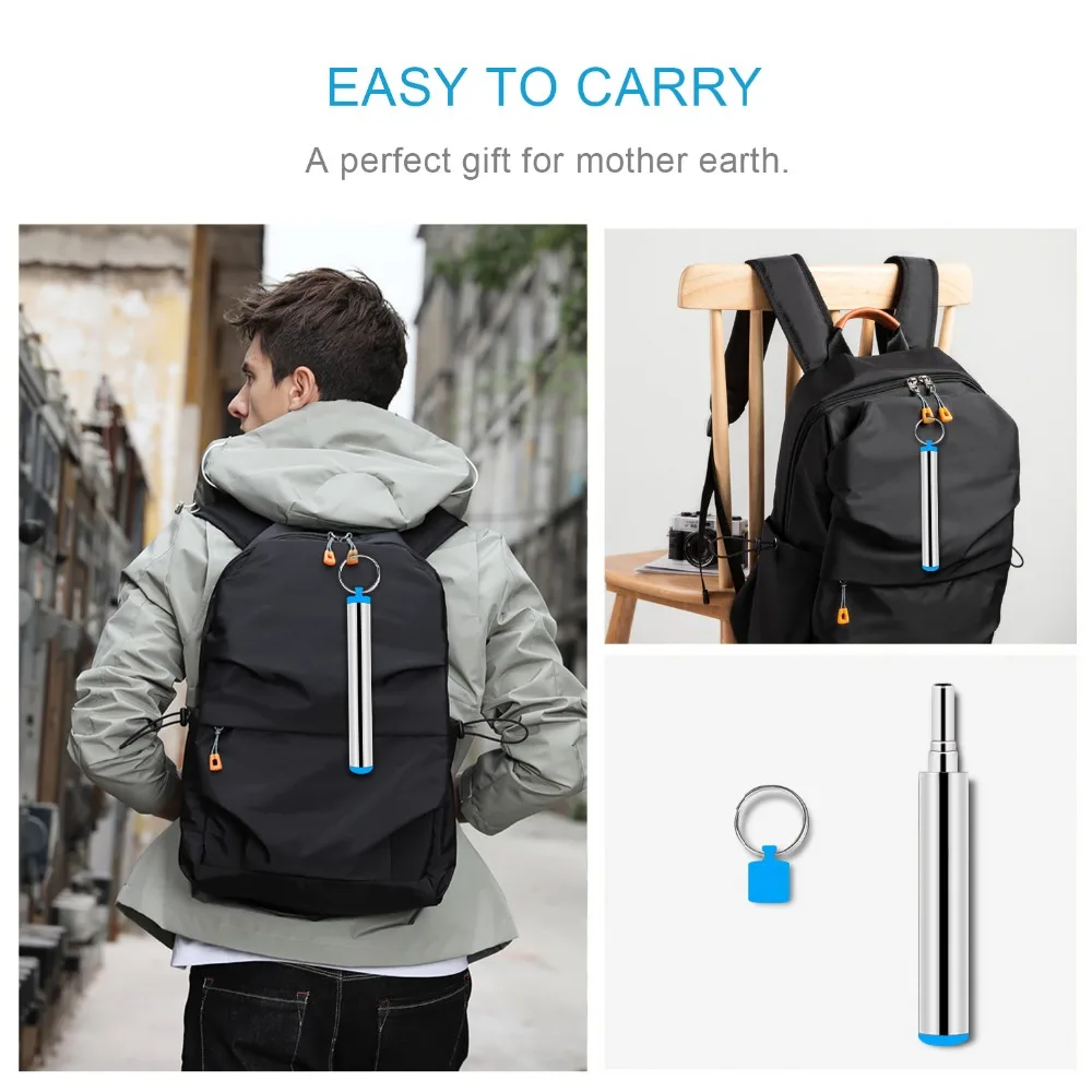 FUHAIHE Переносной нержавеющий стальной телескопический питьевой соломинки многоразового использования с силиконовым наконечником, щеткой и металлическим чехлом.