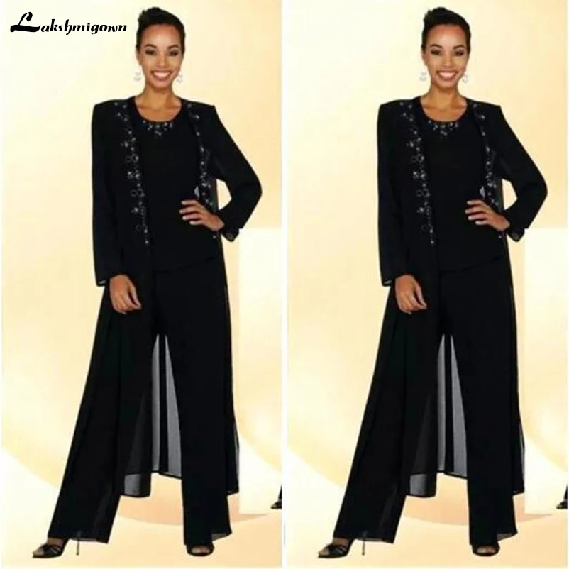 

Three Pieces Mother Of the Bride Plus Size Pant Suit Beaded Suit Black Chiffon Long Jacket Women's Dresses Wedding Outfit
