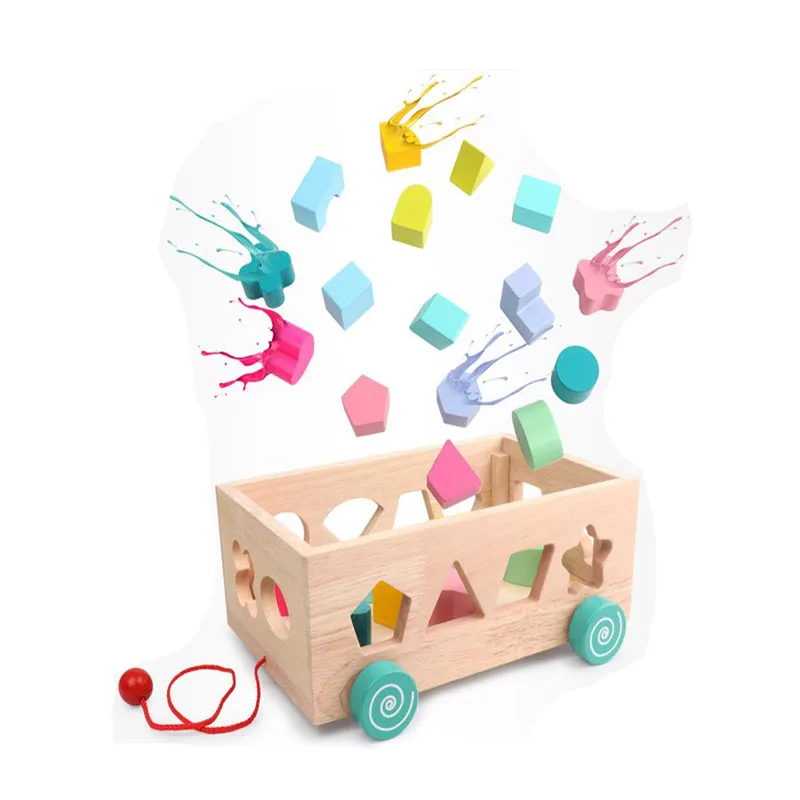 

Children's Early Education Wooden Geometric Shape Seventeen Holes Paired Trailer Building Blocks Toys Color Cognition