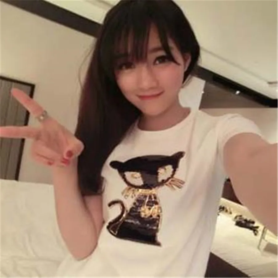 

Clothing Women Shirt Top Diy Large Patch Animal Cat Black Sequins deal with it T-shirt girls Iron on Patches for clothes Sticker
