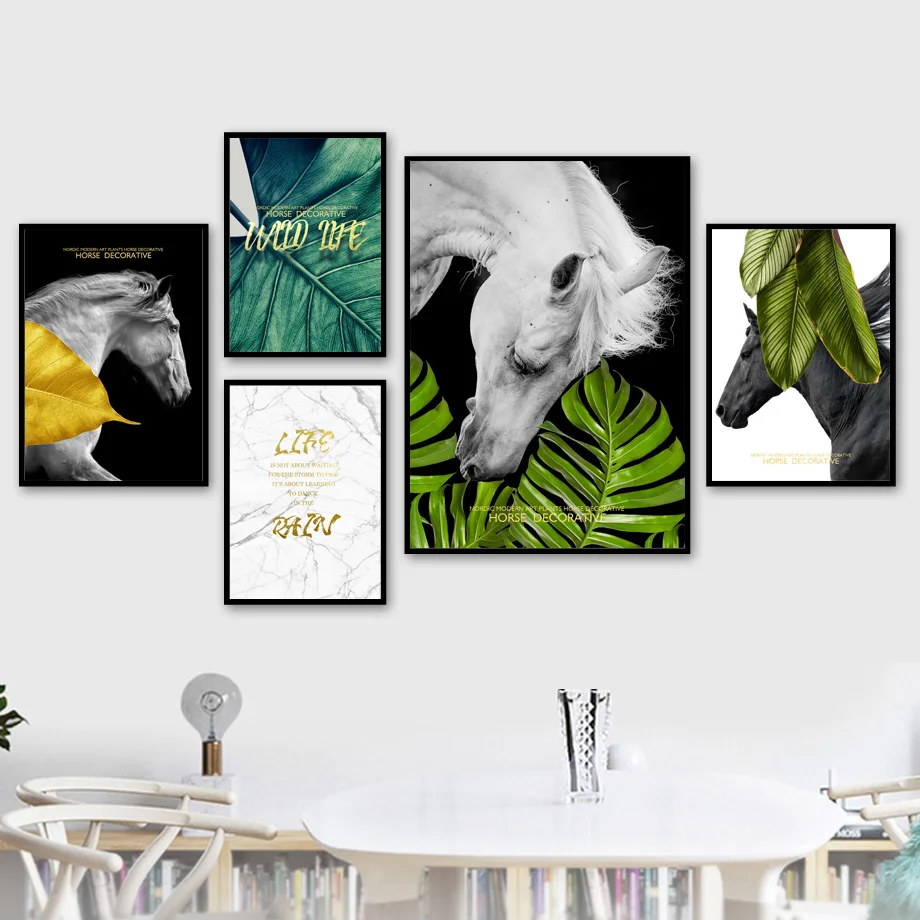 

White Horse Monstera Palm Leaf Marbled Wall Art Canvas Painting Nordic Posters And Prints Wall Pictures For Living Room Decor