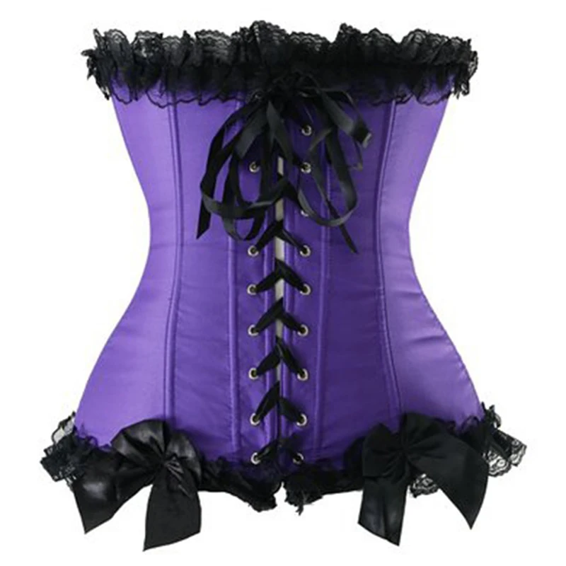 Женский корсет с цветочным принтом фиолетовой кружевной отделкой атласный