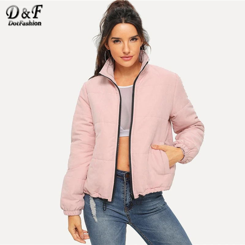 Dotfashion, розовая куртка на молнии спереди, женские пальто и куртки, Повседневная зимняя одежда, одежда с высоким воротом, верхняя одежда