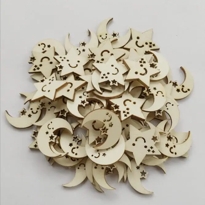 50pcs Laser Engraving Smile Star Moon Shape Wood Brick for Coth art\ Scrapbooking DIY\ Toy\ DIY Craft Supplies XP291 | Дом и сад