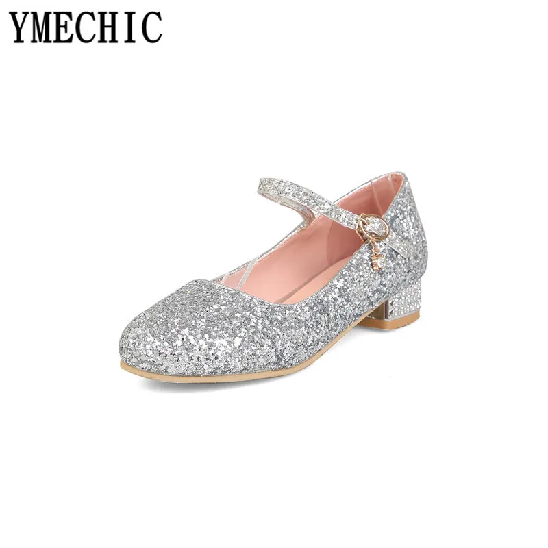 YMECHIC/2018 женские свадебные туфли серебристого и золотого цвета блестящие Mary Jane на