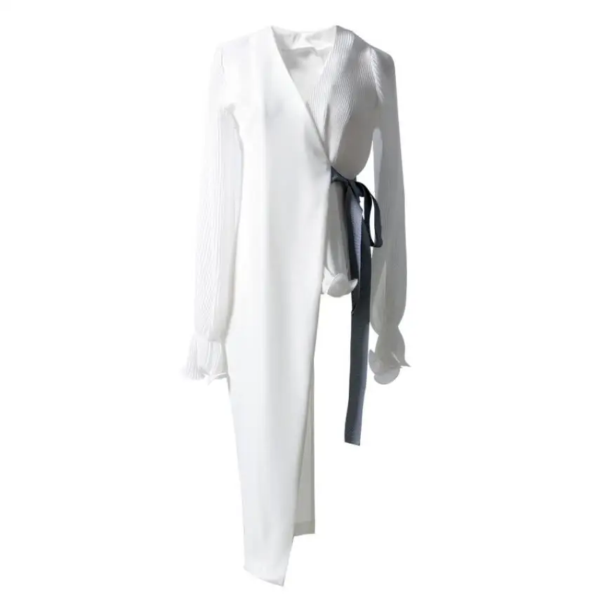

Asymmetrical belt shirt female lantern sleeves chiffon stitching fashion thin section loose tops v-neck deisgn shirt wq1545