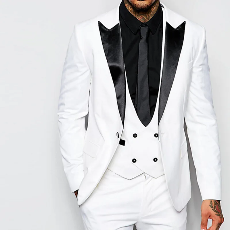 New Style Groomsmen men suit Peak Black Lapel Groom Tuxedos White/Red Men Suits Wedding Best Man Blazer (Jacket+Pants+Tie+Vest)