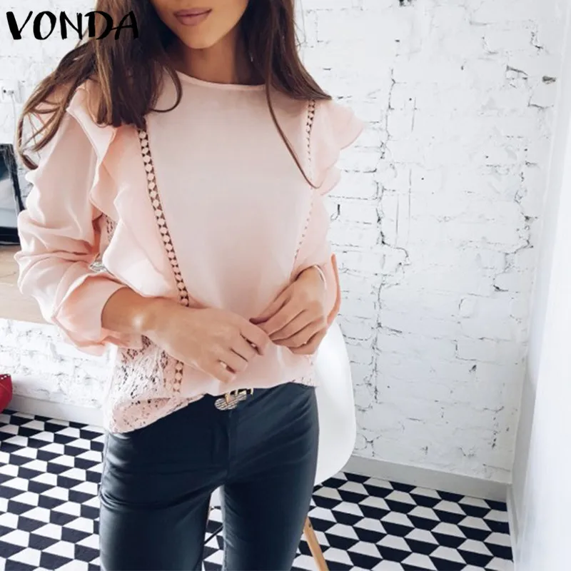 VONDA 2019 Для женщин Caual с длинным рукавом круглым вырезом Осенние блузки кружева