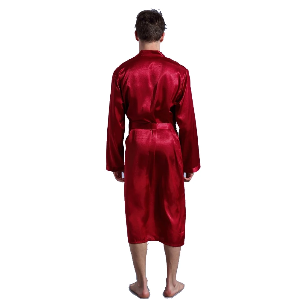 Chinese Men's Wine Red Satin Robe With Belt Kimono Bathrobe Gown Nightgown Sleepwear Home Leisure Pajamas S M L XL XXL TBG0611