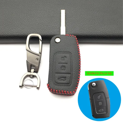Black with keychain Модный стильный кожаный чехол для Ford Fiesta Focus Kuga Escape Ecosport автомобильный ключ складной чехол с 3 кнопками защитный чехол - Название цвета: Black with keychain