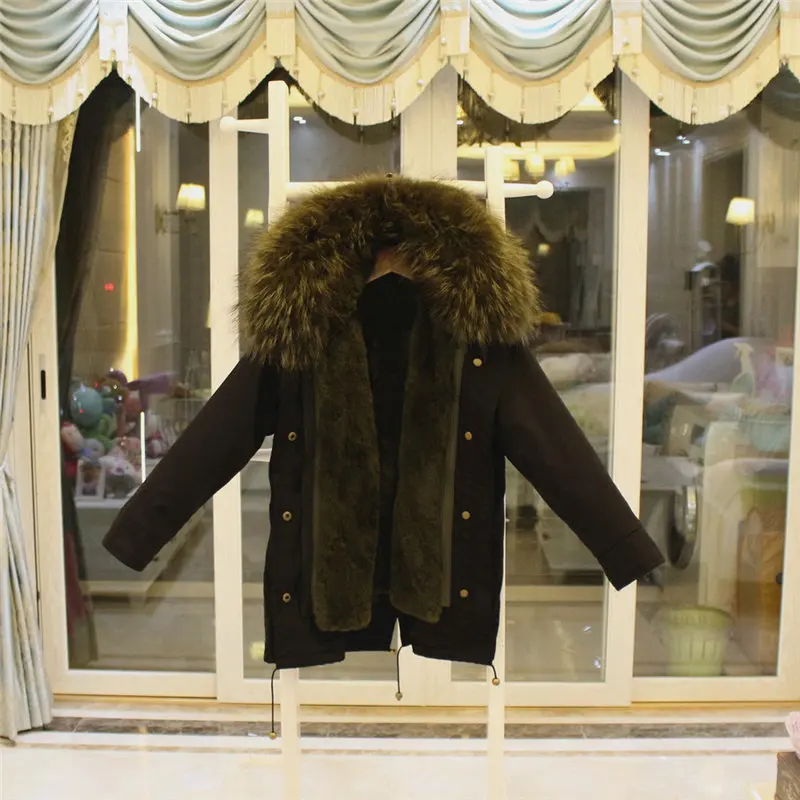 black green Г. Зимнее пальто, куртка теплая верхняя одежда для мальчиков, девочек, женщин и мужчин, большой воротник из меха енота, капюшон, подкладка из кроличьего меха, съемный Рождественский подарок - Цвет: black green