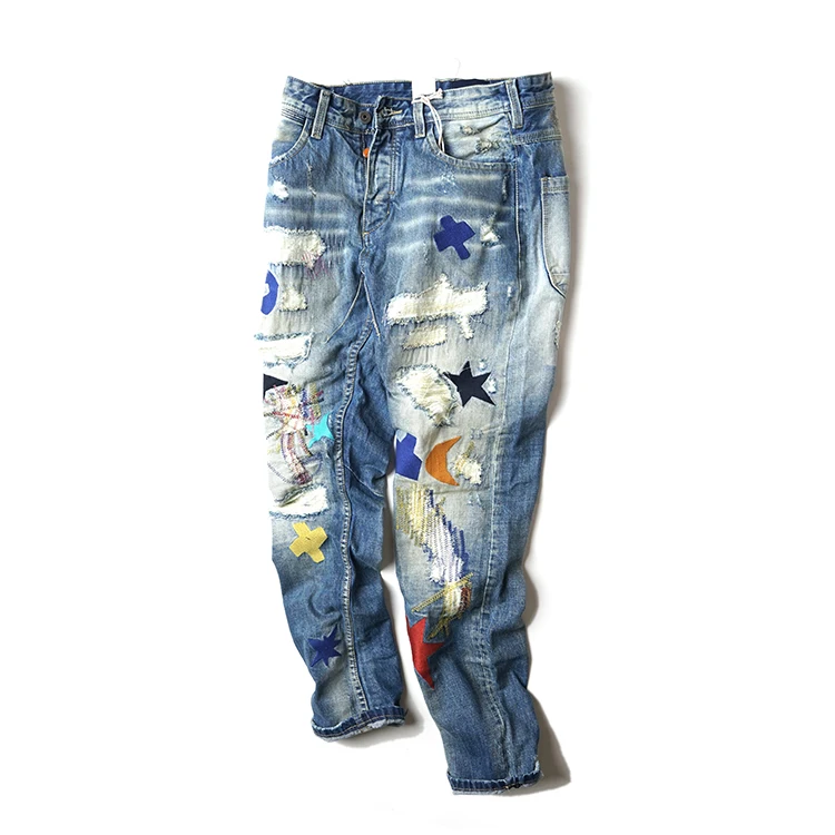 ABOORUN Марка NEW fashion Hi Street Мужская Мода рваные, потертые джинсы с рисунком пентаграммы Джинсы с вышивкой мужской в стиле «хип-хоп» Джинсы R322