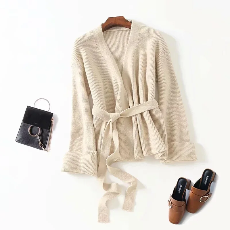 Autumn Winter Women Chic Fleece Cardigan Solid V Neck Knitted Sweaters Warm Casual Coat |