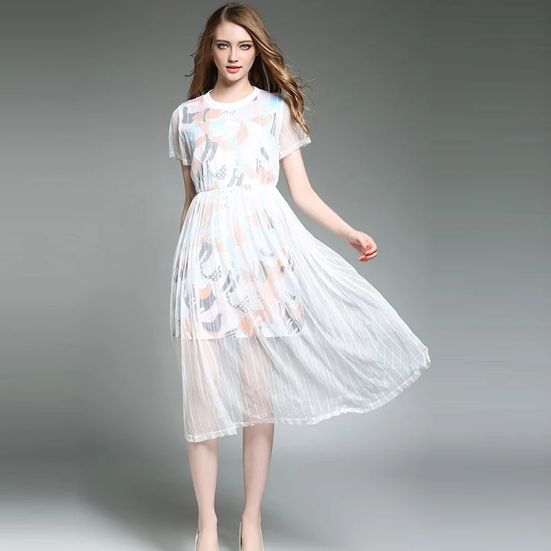 Сетчатые Print Swing Dress Для женщин белый короткий рукав Повседневная обувь для