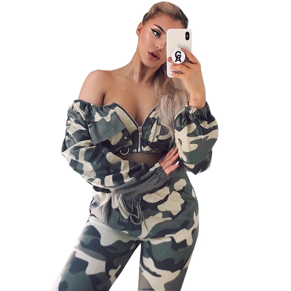Модные камуфляжные печати Tracsuits для женщин комплект из 2 частей Сексуальная