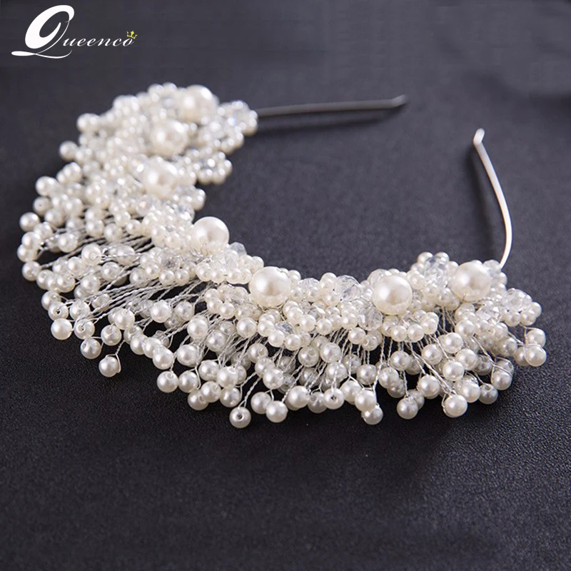 

White Handmade Pearl Bridal Tiaras Luxury Wedding Headbands New Bridal Headpiece Prom Gold Tone Jewelry Wedding Hair Accessories