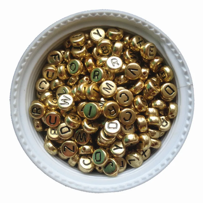 3600 unids/lote de cuentas de plástico acrílico con forma de moneda, Cuentas planas redondas de 4x7MM, espaciador para pulsera de joyería, Color dorado, A-Z