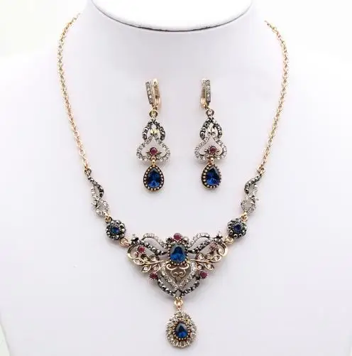 1727BLUE Турецкие женские серьги, ожерелье, ювелирный набор, смоляные стразы, висячие серьги принцессы, цветок, свадебное ожерелье, ретро золотая пластина - Окраска металла: 1727BLUE
