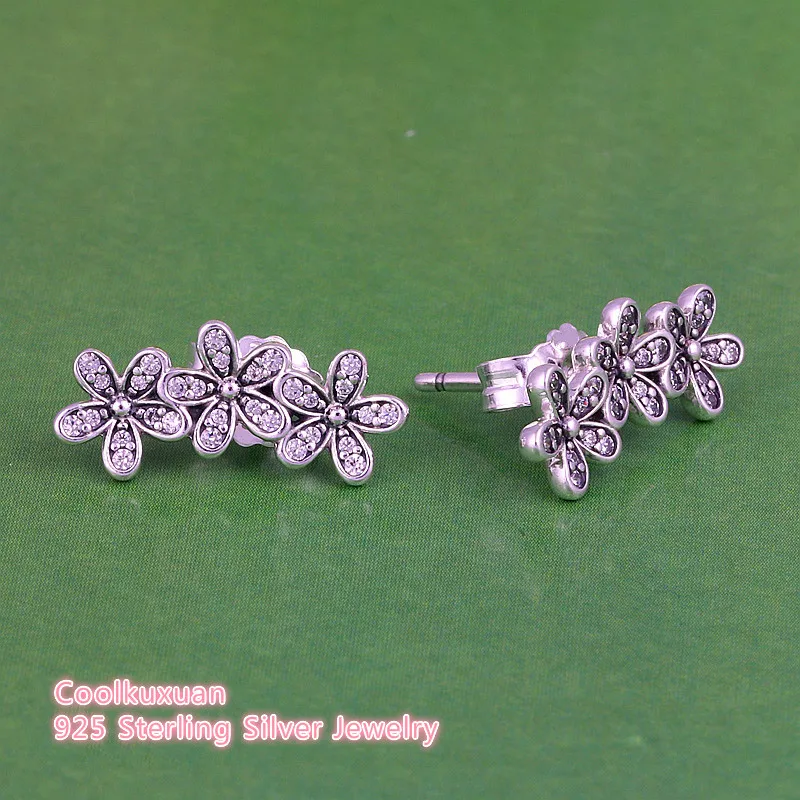 

Spring Original 925 Sterling Silver Dazzling Daisies Clear CZ Earrings For Women Girls bijoux Wedding Engagement Jewelry