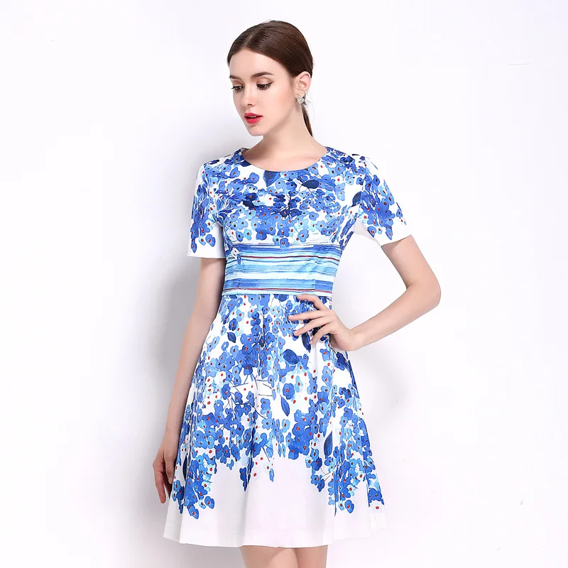 Платье с коротким рукавом и принтом новинка 2017 весеннее платье высокого качества