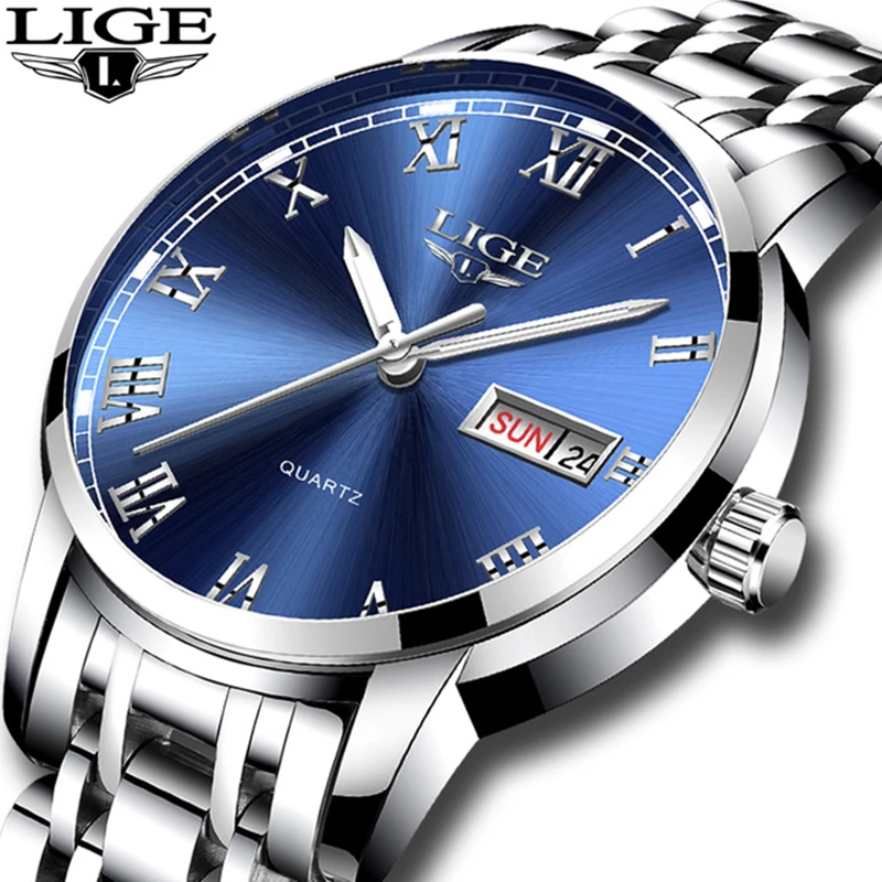 

LIGE Luxury Brand Men Stainless Steel Gold Watch Men's Quartz Clock Man Sports Waterproof Wrist Watches relogio masculino + Box