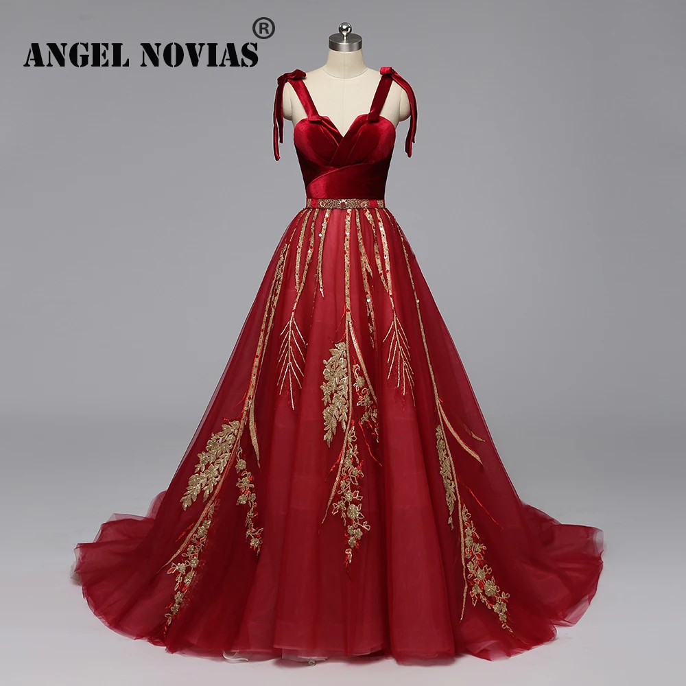 Angel Novias длинное реальное изображение бордовое бальное платье Роскошные арабские Длинные вечерние платья без рукавов платье с золотыми аппликациями