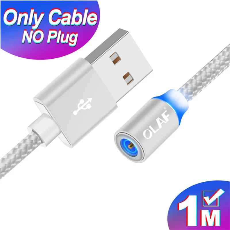 1M Only Silver Cable Магнитный Micro USB кабель OLAF 2A Зарядка 1 м 2 м светодиодный магнитный кабель для зарядки и передачи данных для Xiaomi 4X huawei P8 Lite samsung A5 J5 J7 - Цвет: 1M Only Silver Cable