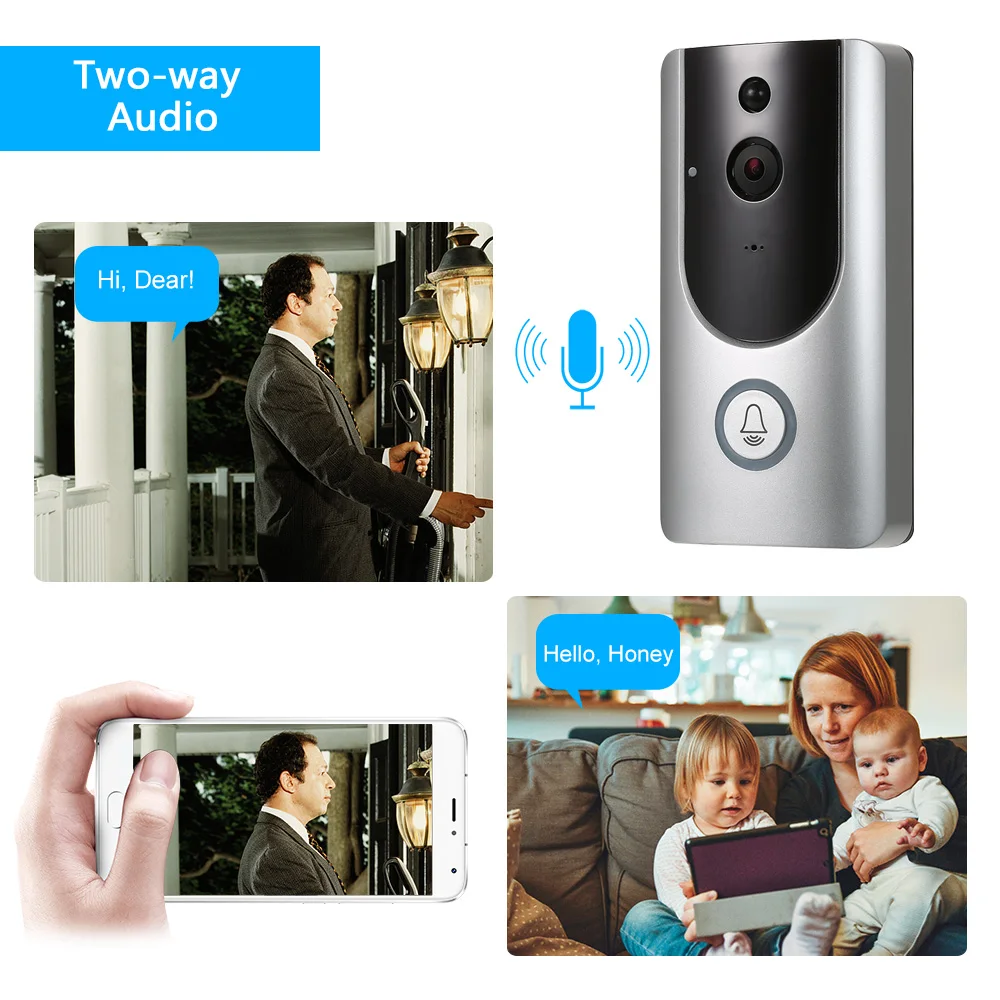 

720P WiFi Smart Wireless Security Doorbell Smart Visual Intercom Recording Video Door Phone Night Vision + 2PCS 18650 Batteries