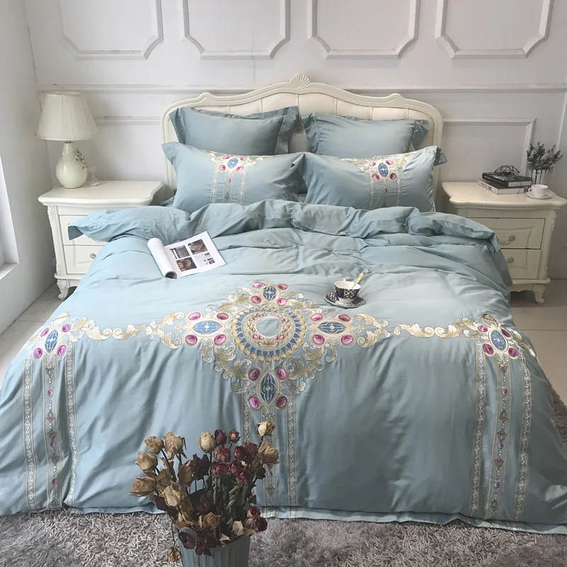 Blue luxury Embroidered 120S Egyeptian cotton Royal Bedding sets Queen King Wedding Duvet cover Bed sheet set Pillowcases 4pcs | Дом и сад