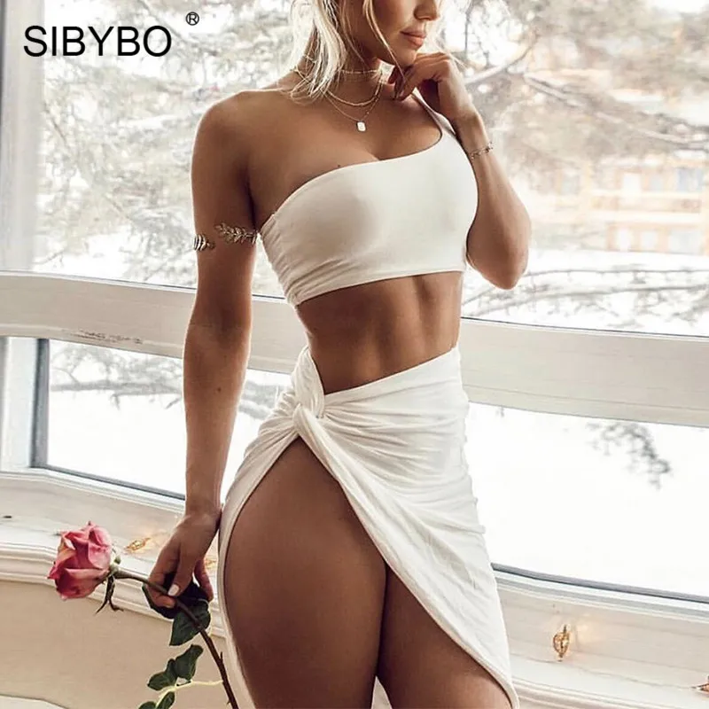 Белый Sibybo, с разрезом по бокам, высокая талия, сексуальное, облегающее платье, на одно плечо, плиссированное, летнее, из двух частей, платье, для ночного клуба, мини, женское платье - Цвет: Белый