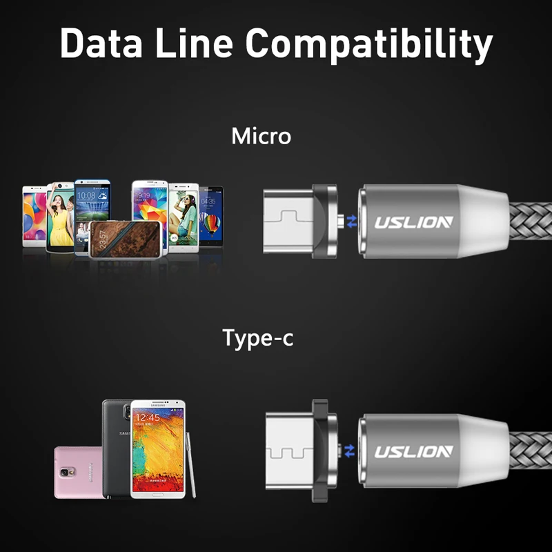 USLION светодиодный магнитный usb-кабель для samsung Xiaomi для iPhone X 8 7, магнитный штекер и кабель USB type C и кабель Micro usb для быстрой зарядки