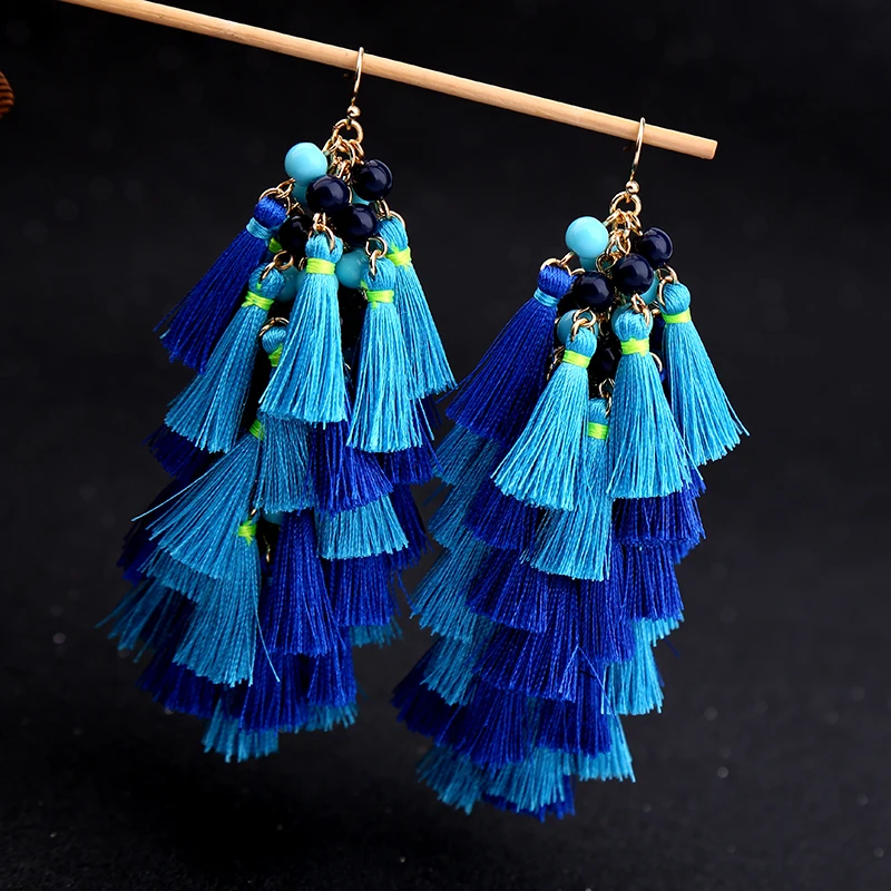 Boho Blue Beads Layered Fringe Tassel Earrings Brincos New Fashion Women Chunky Big Statement Ethnic Jewelry | Украшения и