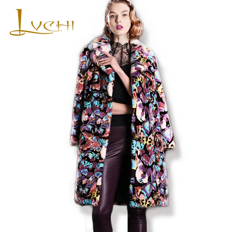 LVCHI 2019 new Flower Pattern Women Winter Mink Coat Fashion Female Boho Casual Visone Warm Fur Bohemian Mink Fur Coats