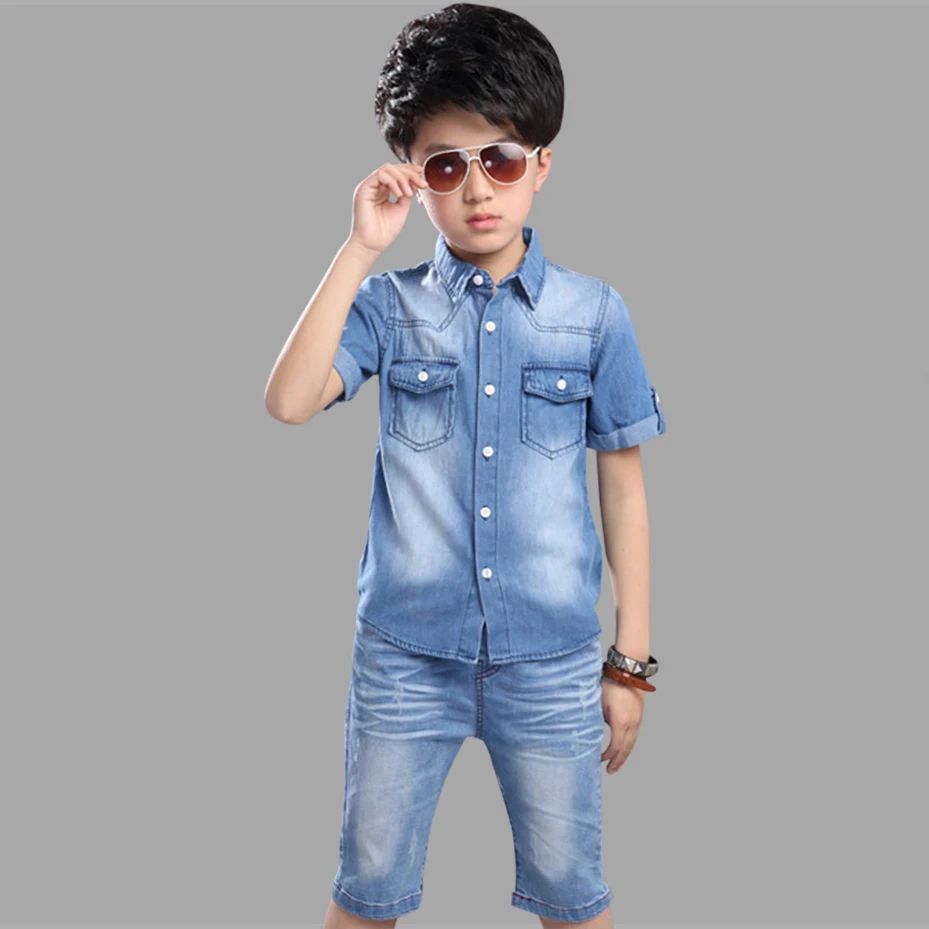 Summer Kids Clothes Denim Blouse+Light Straight Pants Casual Boys Sets Teenage Children's Clothing For 4 6 8 10 12 13 Years | Детская
