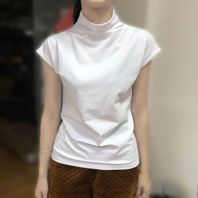 Женская одежда простые хлопковые топы черная футболка Офисная с высоким воротом