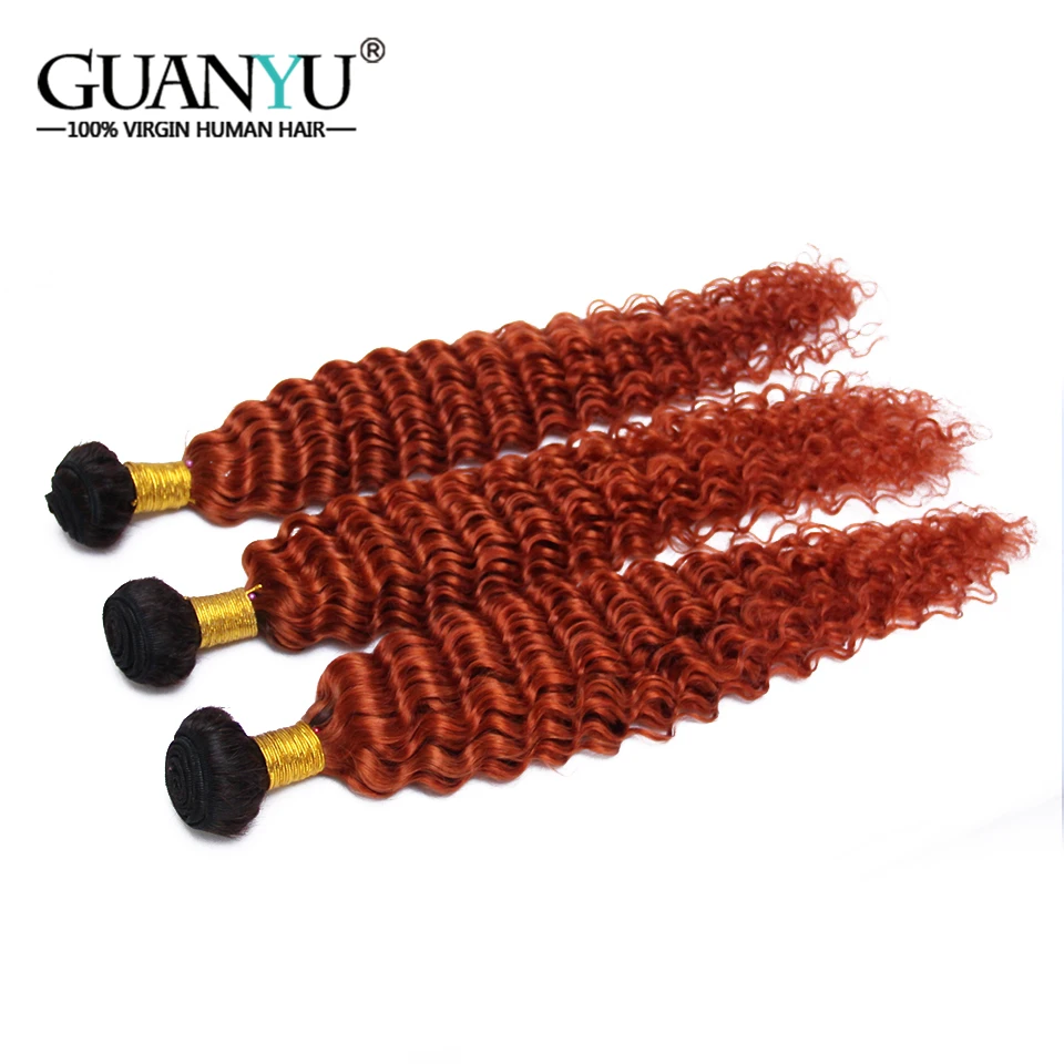 Guanyuhair Ombre Culy пучки волос 2 тона Remy перуанские глубокие волнистые волосы 3 пучка с закрытием Ombre 1B/130 красные пучки волос
