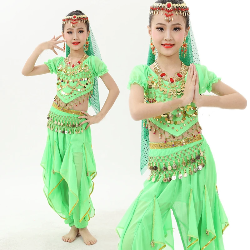 2019 Girl Children Belly Dance Costumes 4Pcs Chiffon 120D Sequin Clothing For Kids Genie Fringe Dance Pants Gypsy Clothes G