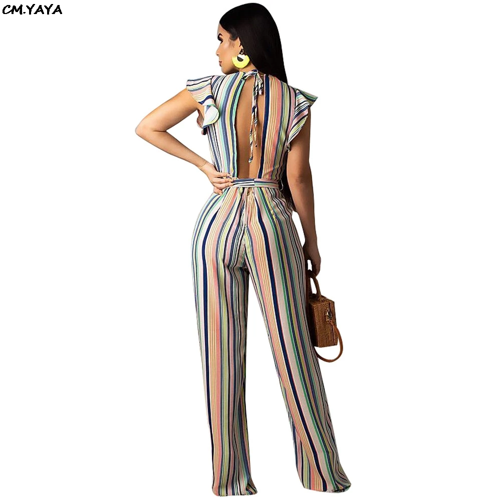 Женский пляжный комбинезон в стиле бохо длинный прямой полоску с глубоким v