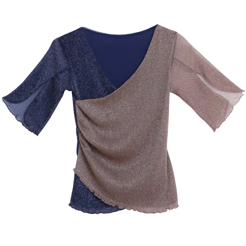 

New Ballroom Dance Shirt Competition Costume Women Latin Dancewear V-neck Mesh Stitching T Wild Sexy Short Sleeve Shirt PY089