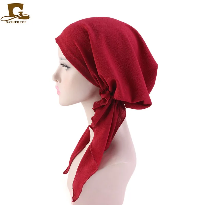 Fashion Women Turban Solid Color Pre-tie Headwear Chemo Cap Print Flower Soft Hat Headscarf Wrap Cancer Hair Accessories |