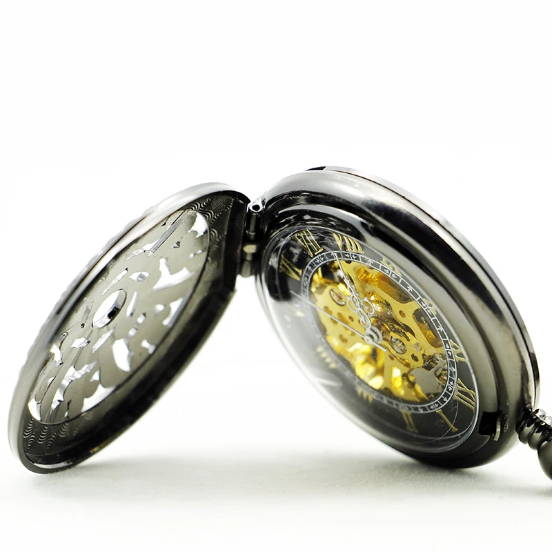 Black Hollow Flower Gem Design Mechanical Pocket Watch Retro Steampunk Gentleman Style Men's Necklace Pendant Clock