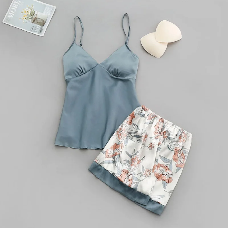 Sexy Women Pajamas Set 4 Pcs Sexy Lace Pyjamas Femme Girls Satin Silk Sleepwear Nightgown Pijamas Robes Sleep Lounge Homewear - Цвет: blue-2pcs