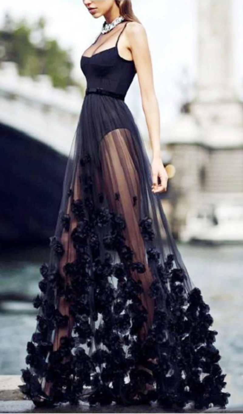 

Lyer 2019 New High quality black tight translucent mesh hem stitched floral artificial bandage dress club evening party dress
