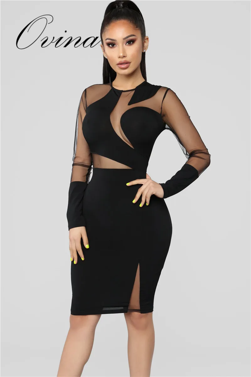 

Black Long Sleeve Perspective Knee Length Sexy Bandage Women Dresses Homecoming Party Dress