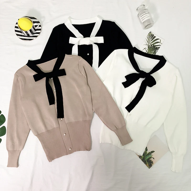 

Fashion High Waist Crop Tops Womens Black Sweaters Pearl Ladies Bow V Neck Pullover White Female Spring Autumn Clothing