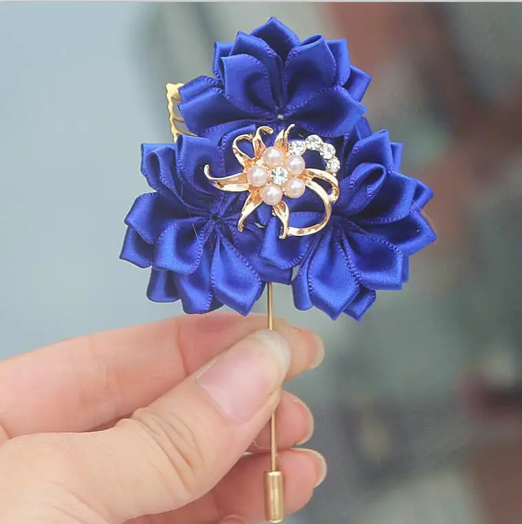 royal blue Дизайн Королевский синий 3 атласные цветы свадебная бутоньерка для жениха Золотая брошь невесты свадебное платье корсаж цветок - Цвет: royal blue