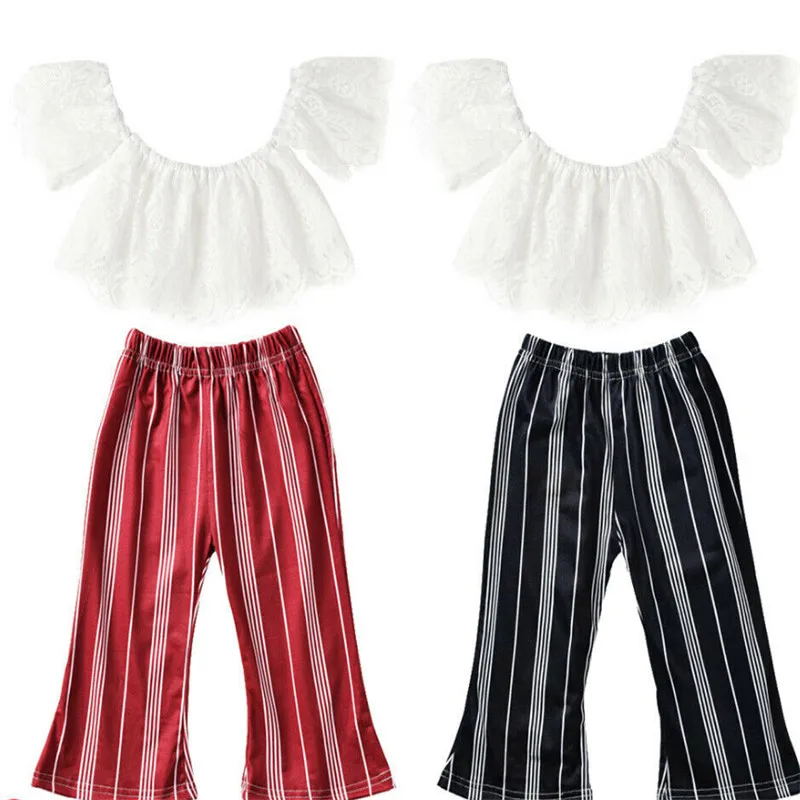 Модные короткие кружевные топы для маленьких девочек свободные штаны в полоску