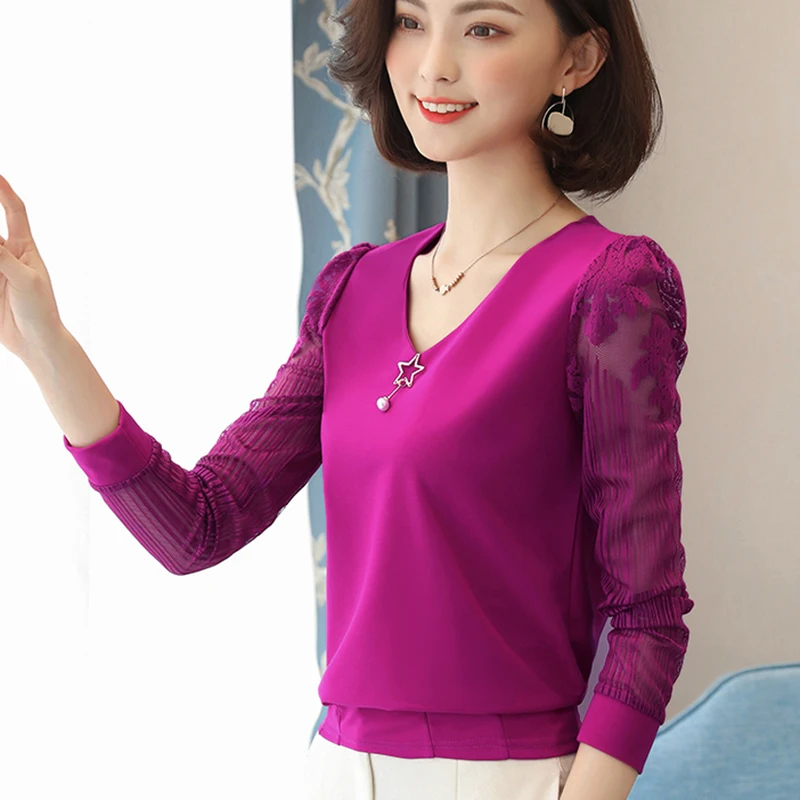 Женская блузка с длинным рукавом Повседневная элегантная шифоновая v образным