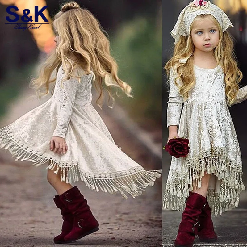 XQ-271 Euramerican New Pageant Princess Kids Baby Girls Dress Velvet Tassel Long Sleeve Party Easter Dresses | Детская одежда и